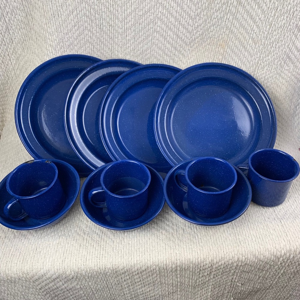 Blue Speckled Enamelware Dish Set Camping 11 Piece Rustic Lodge Plates Bowls Mug